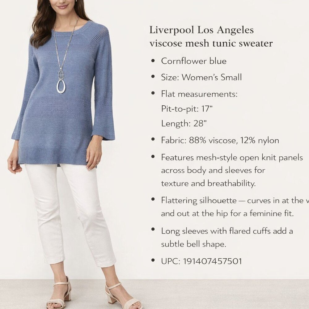 Chic Flare Mesh Cornflower Blue Viscose Tunic • Flare Sleeve • NWT • Small - Picture 5 of 13